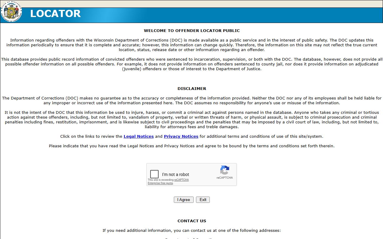 Wisconsin Recent Arrests DOC offender locator image